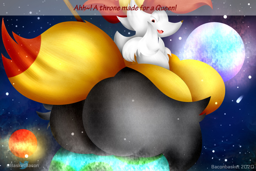 2020 3:2 absurd_res anthro baconbasket big_breasts big_butt braixen breasts butt canid canine cosmic_background digital_drawing_(artwork) digital_media_(artwork) domination english_text fart fart_fetish female fox fur hair hi_res huge_butt looking_back macro mammal nintendo nude open_mouth planet pok&eacute;mon pok&eacute;mon_(species) sitting_on size_difference smile solo space space_background text thick_thighs video_games