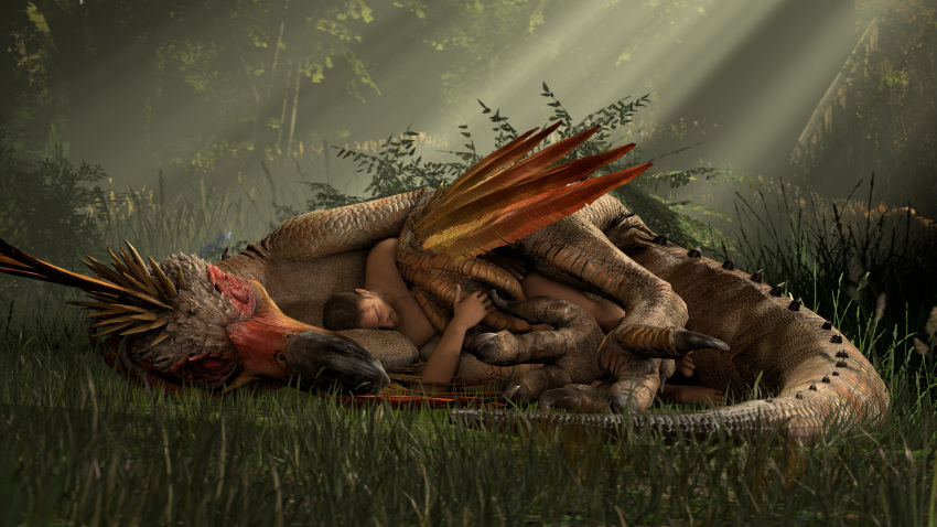 16:9 2020 3d_(artwork) 4k absurd_res ambiguous_gender ambiguous_on_human bestiality bird_wyvern capcom claws cuddling digital_media_(artwork) dinosaur duo feathers feet feral forest from_behind_position hand_holding hi_res hug human human_on_feral interspecies ivorylagiacrus kulu-ya-ku lying male male/ambiguous male_on_feral mammal monster_hunter nude on_side reptile scalie sex sleeping source_filmmaker spoon_position spooning tree video_games widescreen