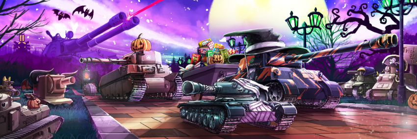 artist_request bat caterpillar_tracks commentary_request forest grass ground_vehicle halloween kv-2 lamppost m6_heavy_tank military military_vehicle moon motor_vehicle nature night no_humans panzerkampfwagen_panther tank tree vehicle_request world_of_tanks