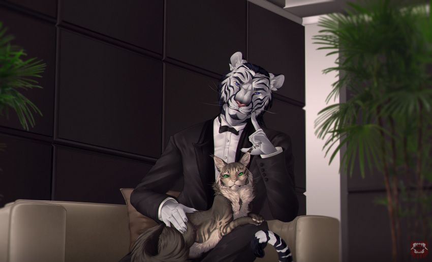 2020 5_fingers absurd_res anthro black_stripes clothed clothing digital_media_(artwork) duo eyebrows eyelashes facial_hair felid feral fingers fur hi_res male mammal pantherine shen_shepa striped_body striped_fur stripes tiger white_body white_fur