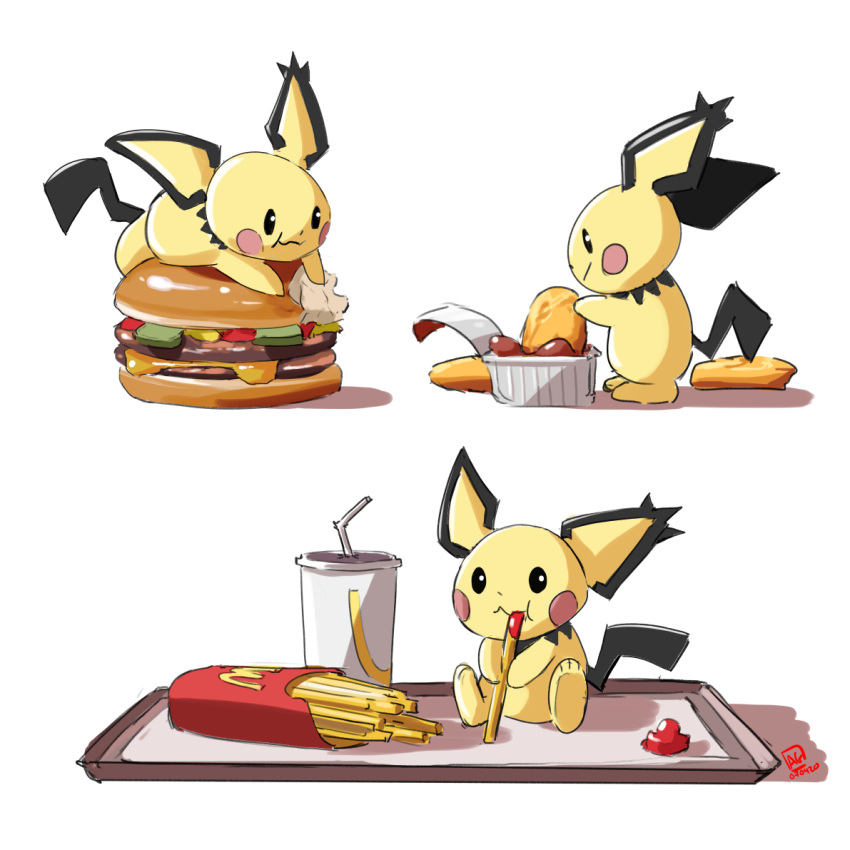 animal_ears automatic_giraffe black_eyes blush chicken_nuggets dated dipping drinking_straw eating english_commentary fast_food food french_fries gen_2_pokemon hamburger ketchup lying mcdonald's mouse_ears multiple_views no_humans on_stomach pichu pokemon pokemon_(creature) sitting smile standing white_background