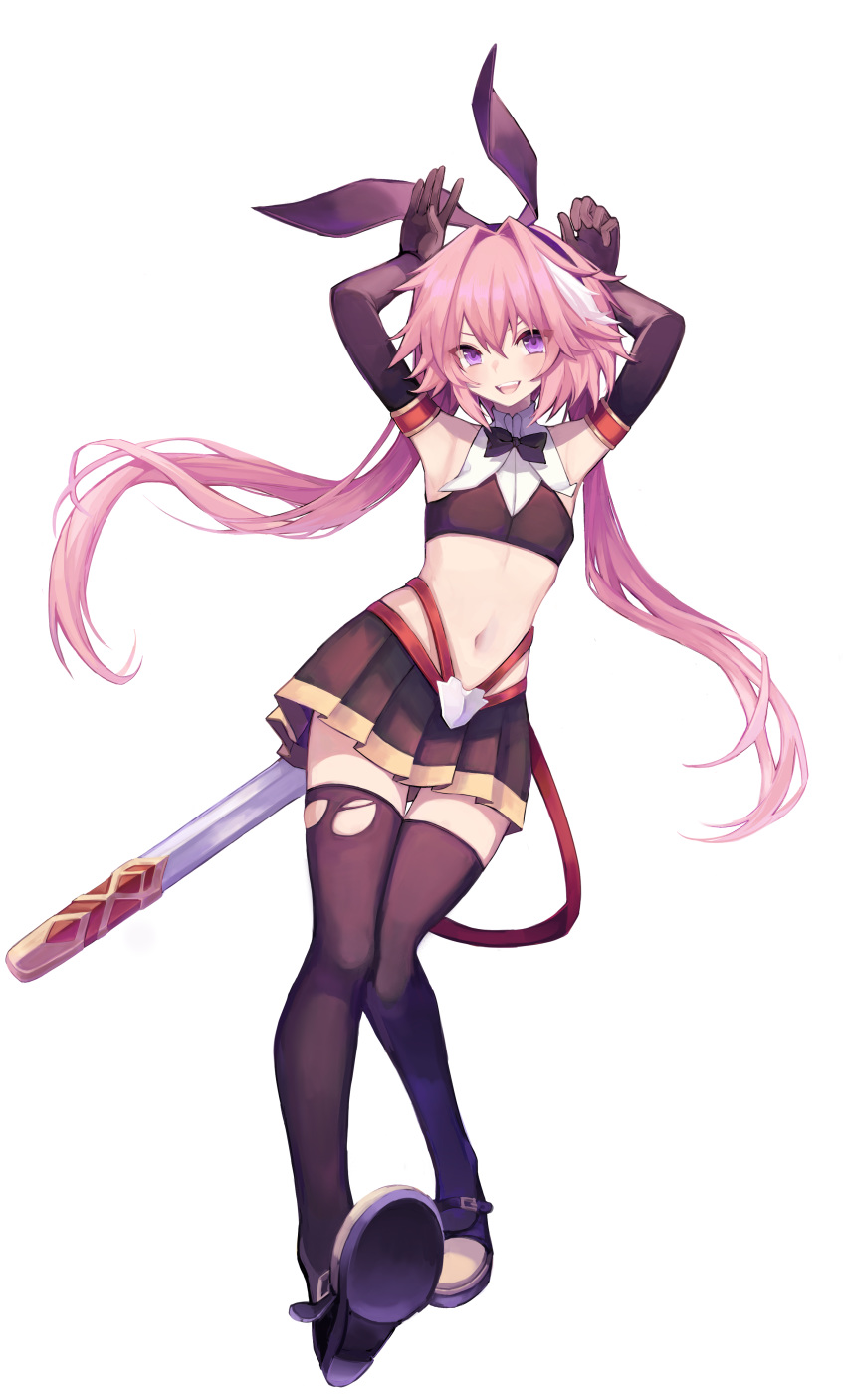 1boy absurdres armpits astolfo_(fate) astolfo_(saber)_(fate) bare_shoulders belt black_bow black_gloves black_legwear black_neckwear black_ribbon black_shirt black_skirt blush bow bowtie crop_top elbow_gloves fate/grand_order fate_(series) full_body gloves hair_intakes highres long_hair long_sleeves looking_at_viewer low_twintails male_focus midriff multicolored_hair navel otoko_no_ko pink_hair pleated_skirt purple_eyes ribbon shirt skirt smile streaked_hair thighhighs twintails white_hair