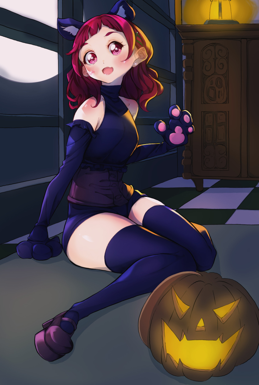 1girl animal_ears arm_support bangs black_gloves black_legwear blunt_bangs blush cat_ears checkered checkered_floor commentary_request cupboard earrings elbow_gloves fang full_moon gloves hair_ornament hairpin halloween halloween_costume high_heels highres hugtto!_precure indoors jack-o'-lantern jewelry lantern long_hair moon night nono_hana open_mouth paw_gloves paws pink_eyes pink_hair precure rikito1087 shoes sideways_glance sitting skin_fang smile solo thighhighs thighs wariza x_hair_ornament
