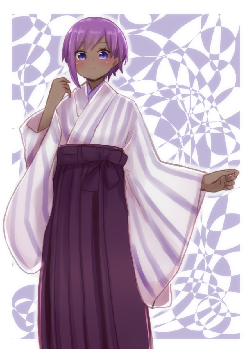 1girl bangs blush bow closed_mouth dark_skin eyebrows_visible_through_hair fate/prototype fate/prototype:_fragments_of_blue_and_silver fate_(series) hakama hassan_of_serenity_(fate) highres i.u.y japanese_clothes kimono long_sleeves looking_at_viewer purple_bow purple_eyes purple_hair purple_hakama sidelocks smile solo striped vertical-striped_kimono vertical_stripes wide_sleeves