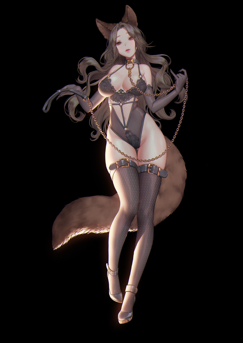 animal_ears ass_visible_through_thighs bangs bare_hips bare_shoulders black_footwear black_gloves black_legwear black_leotard blush breasts brown_eyes brown_hair buckle center_opening chain cleavage collar collarbone commission dog_ears dog_girl dog_tail elbow_gloves eyebrows_visible_through_hair forehead gloves gold_chain high_heels highleg highleg_leotard highres holding holding_chain large_breasts leotard long_hair looking_at_viewer love_cacao navel original parted_bangs parted_lips pink_lips smile symbol_commentary tail thigh_gap thigh_strap thighhighs very_long_hair