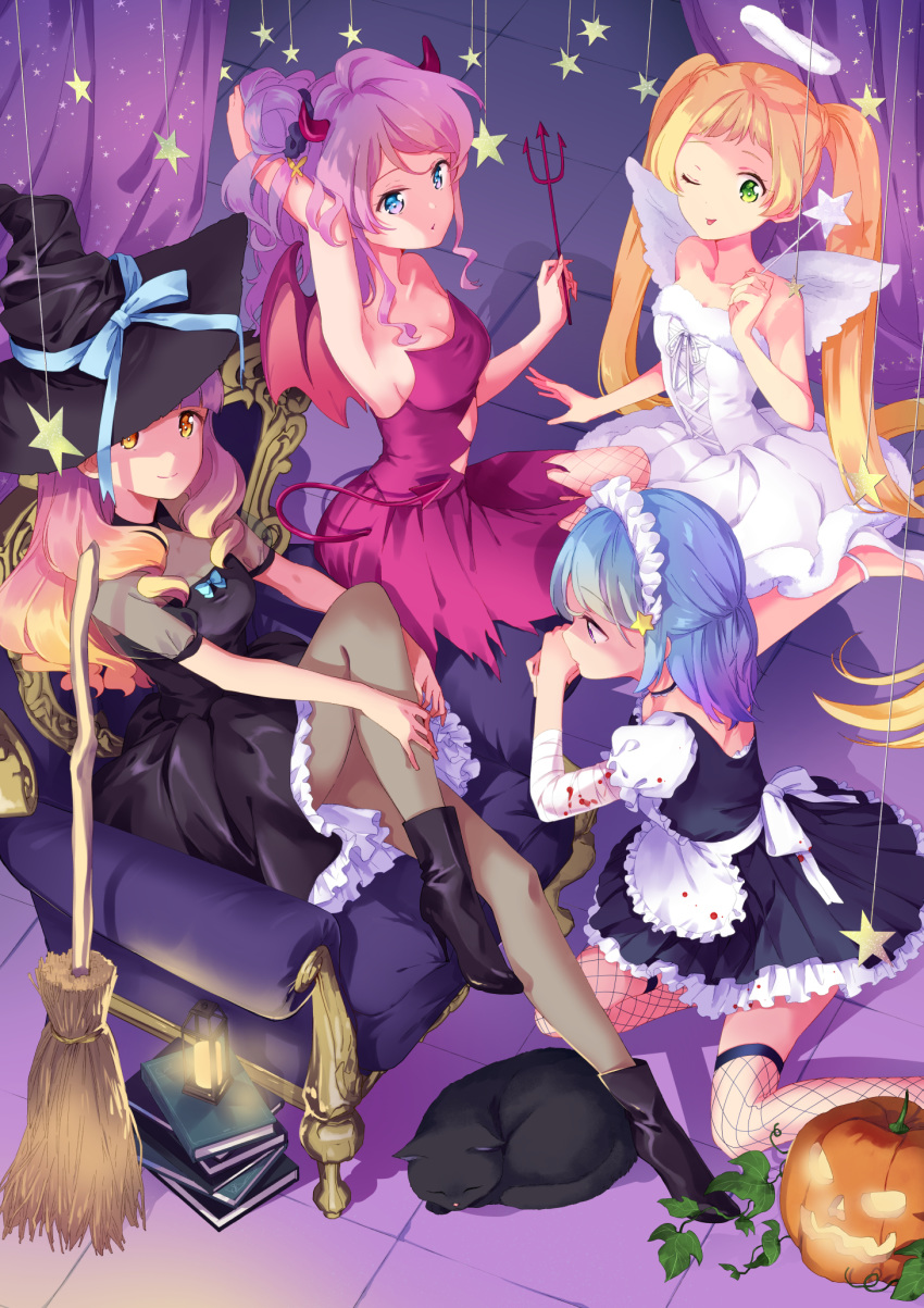 angel bandages blood cleavage devil dress fishnets halloween heels horns maid neko no_bra pantyhose see_through thighhighs todo-akira weapon wings witch