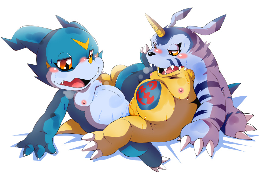 absurd_res animal_genitalia anthro belly blush chibineco cloaca cloacal digimon digimon_(species) duo gabumon genitals hi_res horn male male/male nipples sex slightly_chubby veemon