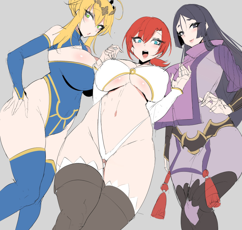 3girls absurdres ahoge artoria_pendragon_(all) artoria_pendragon_(lancer) blue_legwear blush boots boudica_(fate/grand_order) breasts circlet cleavage cleavage_cutout clothing_cutout curvy fate/grand_order fate_(series) funaya_(a2brasd) green_eyes hair_between_eyes highres large_breasts long_hair looking_at_viewer minamoto_no_raikou_(fate/grand_order) mother's_day multiple_girls navel open_mouth smile thigh_boots thighhighs