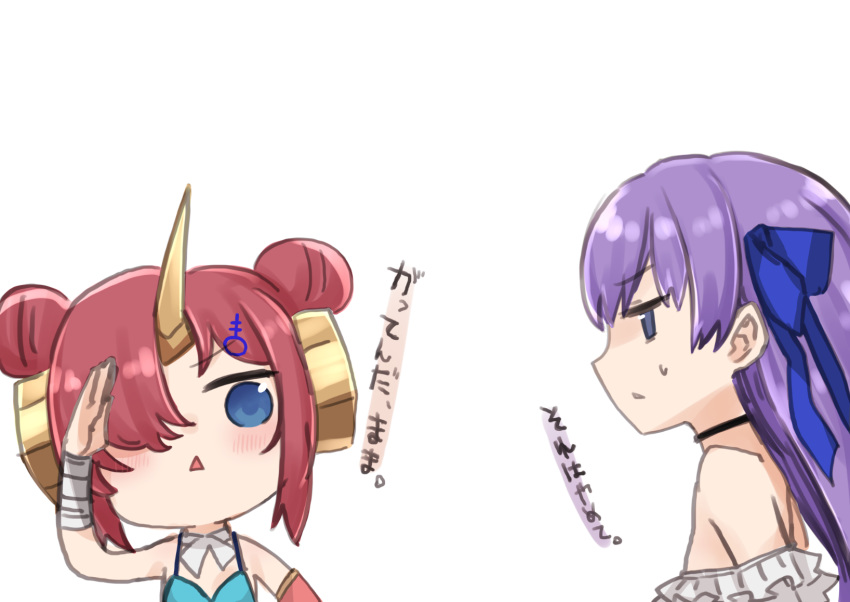 2girls :&lt; arm_up bandaged_arm bandages bangs bare_shoulders bikini black_choker blue_bikini blue_bow blue_eyes blush bow brown_hair chibi choker double_bun eyebrows_visible_through_hair fate/grand_order fate_(series) frankenstein's_monster_(fate) frankenstein's_monster_(swimsuit_saber)_(fate) hair_bow hair_ornament hair_over_one_eye highres horns i.u.y long_hair meltryllis meltryllis_(swimsuit_lancer)_(fate) multiple_girls parted_lips profile purple_hair salute simple_background single_horn sweat swimsuit translation_request triangle_mouth upper_body white_background