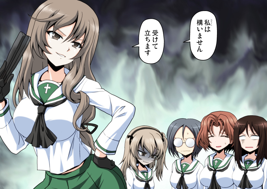 5girls :| absurdres alternate_costume aura azumi_(girls_und_panzer) bangs black-framed_eyewear black_gloves black_ribbon brown_hair closed_eyes closed_mouth commentary constricted_pupils contrapposto dark_aura fan folding_fan frown girls_und_panzer girls_und_panzer_senshadou_daisakusen! glasses gloom_(expression) gloves grey_hair hair_intakes hair_ribbon half-closed_eyes hand_on_hip highres holding holding_fan kamishima_kanon light_brown_hair long_hair low-tied_long_hair megumi_(girls_und_panzer) midriff_peek mother_and_daughter multiple_girls no_headwear one_side_up opaque_glasses open_mouth parted_lips ribbon round_eyewear rumi_(girls_und_panzer) shimada_arisu shimada_chiyo short_hair sick smile smirk standing sweatdrop swept_bangs translated