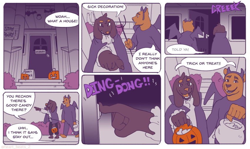 anthro barefoot canid canine canis cape clothing comic costume decoration dialogue domestic_dog duo english_text food fruit halloween heartbeats hi_res holidays jack-o'-lantern male mammal plant pumpkin sound_effects speech_bubble text ursid