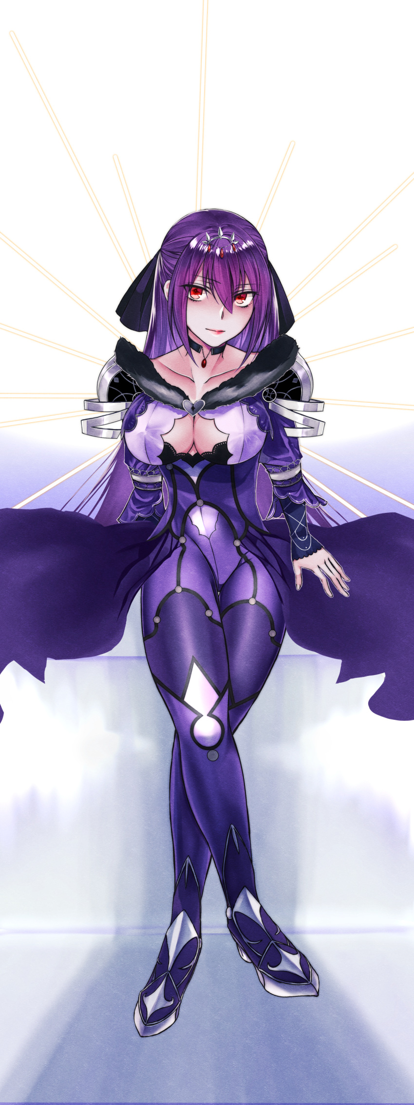 1girl absurdres armor bangs breasts cleavage collarbone dress fate/grand_order fate_(series) hair_between_eyes highres itetuki large_breasts long_hair looking_at_viewer pauldrons purple_dress purple_hair red_eyes scathach_(fate)_(all) scathach_skadi_(fate/grand_order) shoulder_armor sitting smile tiara white_background