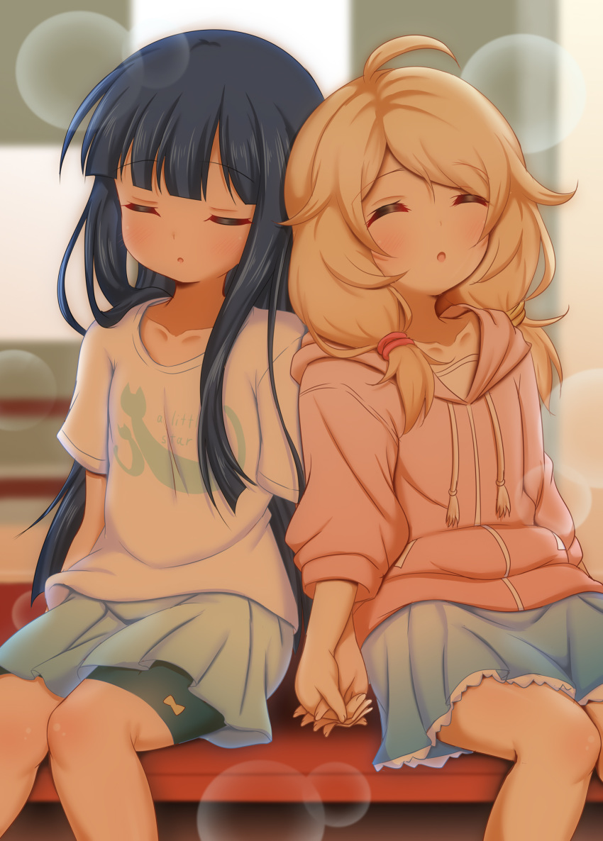 2girls bare_legs blonde_hair blue_hair closed_eyes collarbone highres holding_hands hood hoodie hosizora_mikoto idolmaster idolmaster_cinderella_girls long_hair medium_hair miniskirt multiple_girls sajou_yukimi shirt sitting skirt sleeping t-shirt yusa_kozue