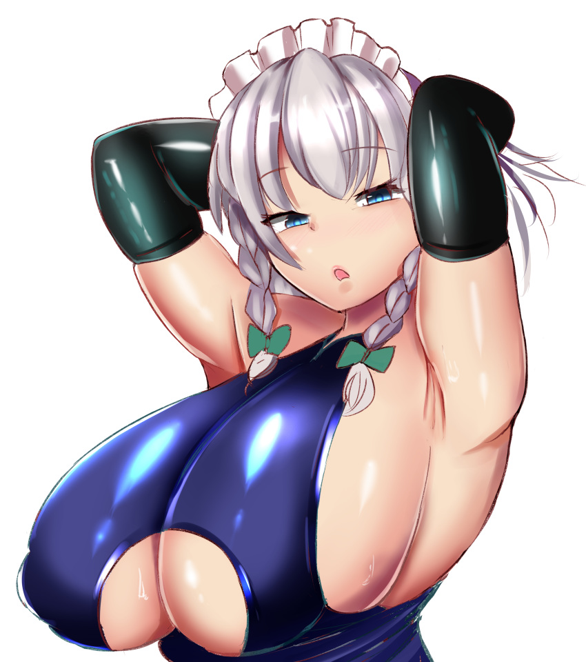 absurdres armpits arms_up black_gloves blue_eyes breast_cutout breasts dress elbow_gloves gloves hair_ribbon highres izayoi_sakuya latex latex_gloves lunatic_(lunar398) maid_headdress open_mouth purple_dress ribbon shiny shiny_clothes sideboob skin_tight solo sweat touhou white_hair