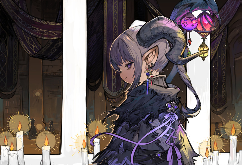 1girl absurdres black_mage candle closed_mouth earrings final_fantasy final_fantasy_xiv from_side grey_hair highres horns jewelry lalafell lantern long_hair looking_at_viewer original pointy_ears ponytail profile purple_eyes robe rosette_(yankaixuan) smile solo upper_body