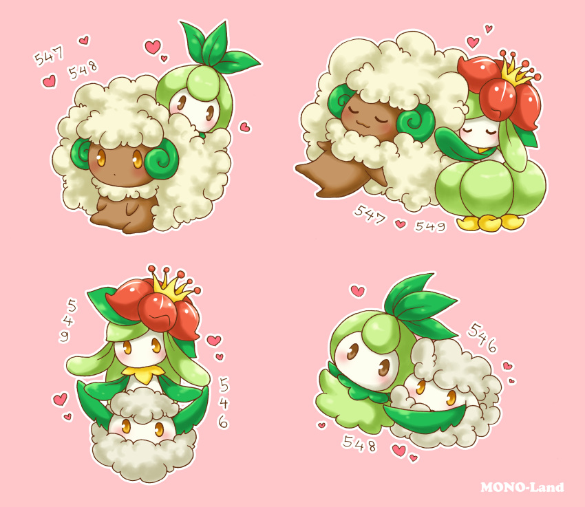 1girl blush cotton_ball cottonee cuddling dark_skin evolution_line gen_5_pokemon grass heart highres lilligant millipen_(medium) mono_land no_humans number petilil pink_background pokemon pokemon_(game) pokemon_bw power_connection sit_on_another's_hair traditional_media whimsicott