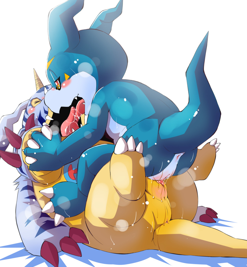 absurd_res animal_genitalia anthro bodily_fluids chibineco cloaca cloacal digimon digimon_(species) drooling duo gabumon genitals hi_res horn kissing legs_up male male/male neoteny saliva slightly_chubby slitfluid stacking tongue veemon