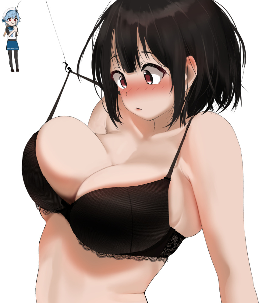 2girls :3 bare_arms bare_shoulders black_bra black_hair black_legwear blonde_hair blue_hair blue_neckwear blue_ribbon blue_skirt blush bra bra_pull breasts buttons cleavage clothes_pull commentary_request fishing_hook fishing_rod gradient_hair hat highres holding holding_fishing_rod kantai_collection lace-trimmed_bra lace_trim large_breasts long_hair multicolored_hair multiple_girls nose_blush pantyhose red_eyes ribbon sado_(kancolle) school_uniform serafuku short_hair skindentation skirt takao_(kancolle) tama_(seiga46239239) underwear upper_body white_background