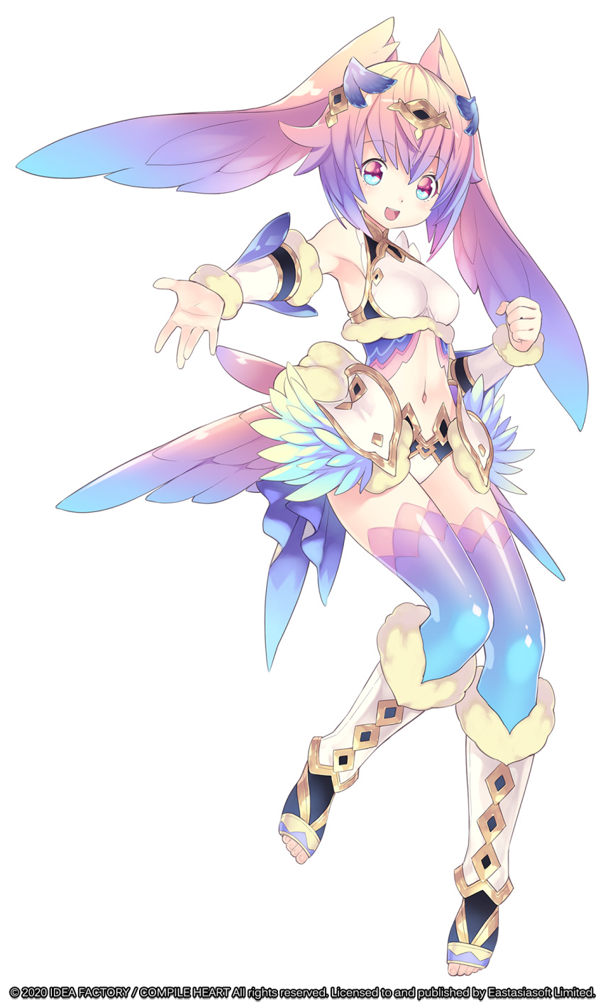 1girl blonde_hair blue_hair company_name copyright dated eyebrows_visible_through_hair full_body genkai_tokki_moero_crystal gradient_hair hair_ornament head_wings highres hirano_katsuyuki low_wings multicolored_hair navel official_art open_hand open_mouth outstretched_arm photoshop_(medium) pink_hair purple_eyes purple_hair solo thighhighs toeless_legwear transparent_background wings