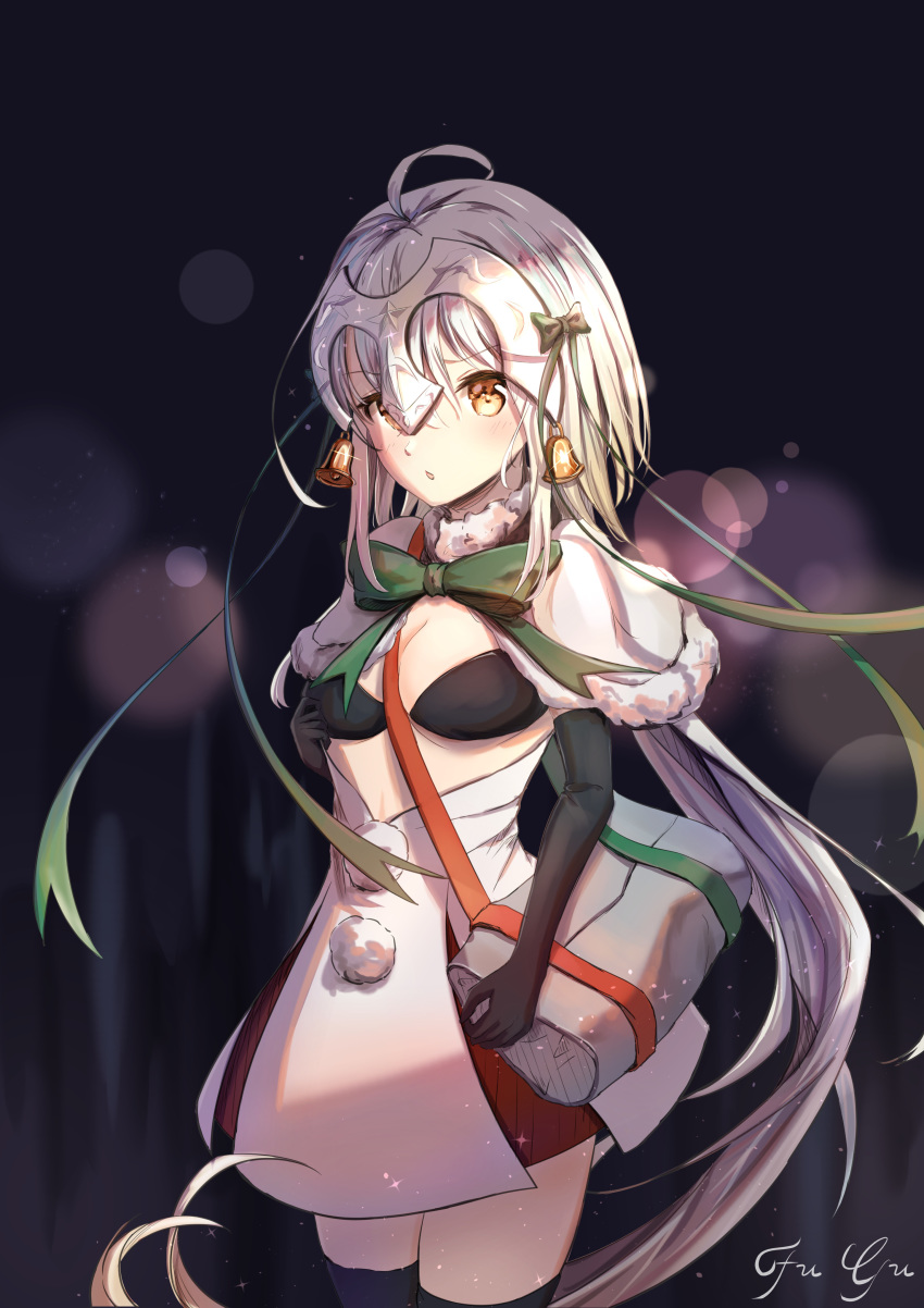 1girl absurdres ahoge bag bell black_background black_bra black_gloves black_legwear bow bowtie bra capelet cowboy_shot dress elbow_gloves fate/grand_order fate_(series) gloves green_bow green_ribbon headpiece highres jeanne_d'arc_(fate)_(all) jeanne_d'arc_alter_santa_lily long_hair looking_at_viewer miaodun_nyasu ribbon solo standing thighhighs underwear white_capelet white_dress white_hair yellow_eyes