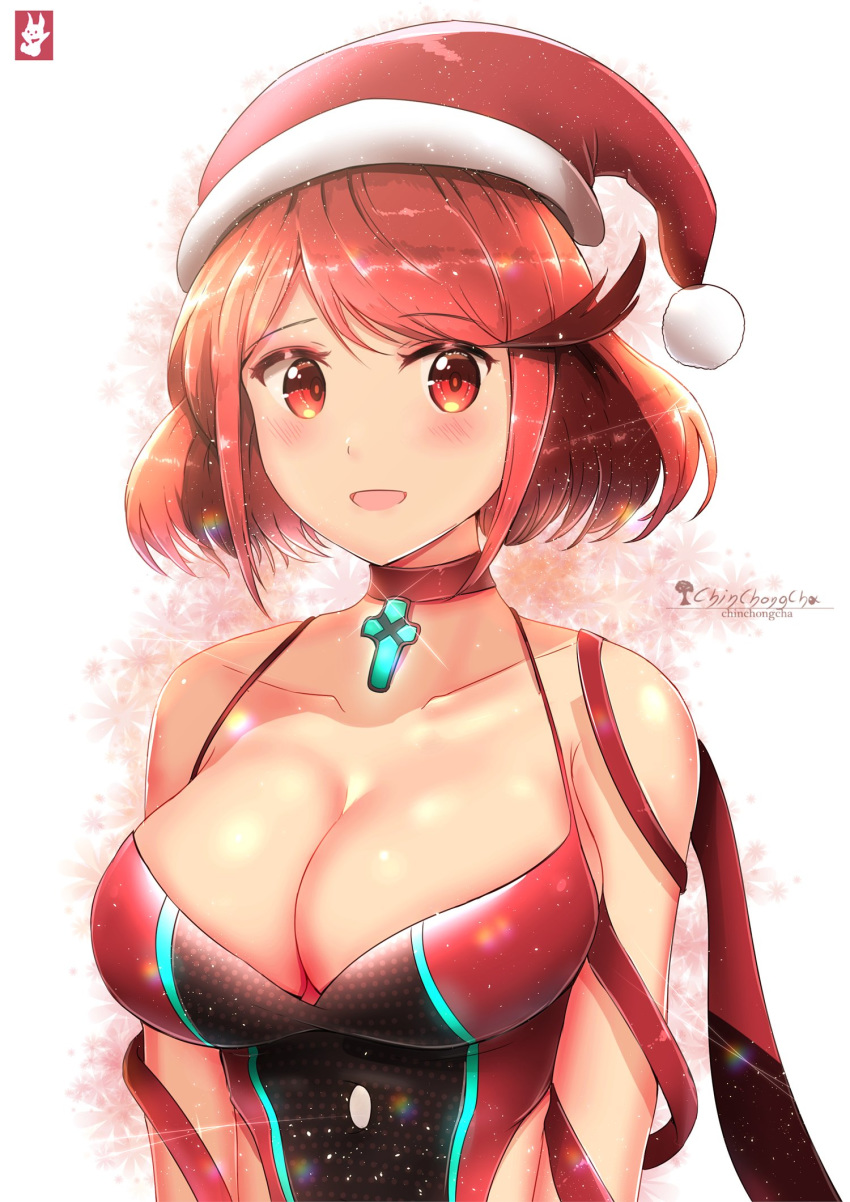 1girl alternate_costume artist_name blush breasts chinchongcha christmas christmas_hat cleavage hat highres large_breasts looking_at_viewer pyra_(xenoblade) red_hair short_hair smile solo valentine xenoblade_chronicles_(series) xenoblade_chronicles_2 yellow_eyes