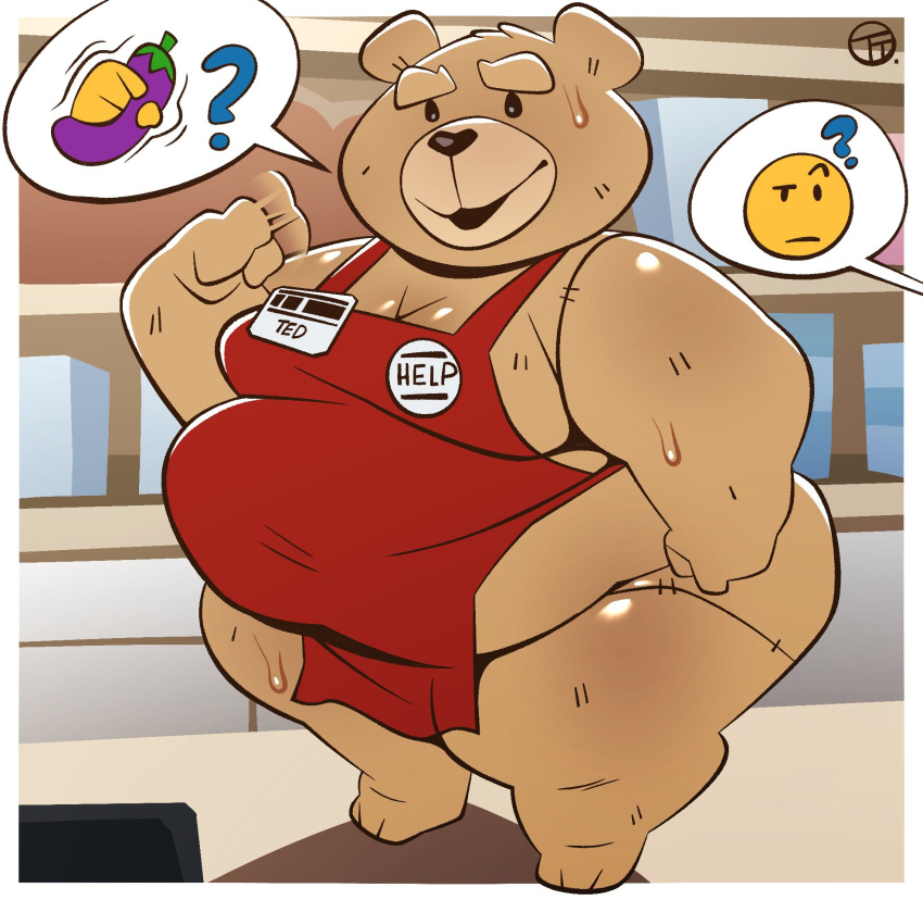 anthro apron bear bodily_fluids clothed clothing emojis gesture half_naked half_naked_male hi_res male mammal name_tag overweight overweight_anthro overweight_male partially_clothed plushie short_stack smile solo speech_bubble suggestive suggestive_dialogue suggestive_gesture suggestive_look suggestive_pose sweat ted_(ted) trashtoonz