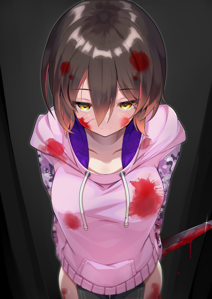 1girl absurdres blood blood_on_face blood_on_leg blood_stain bloody_clothes bloody_hair bloody_knife breasts brown_hair camouflage commentary cowboy_shot doorway drawstring hair_between_eyes highres holding holding_knife hololive hood hoodie knife knife_behind_back large_breasts light_smile looking_at_viewer pink_hoodie roboco-san satobitob solo thighs tsurime virtual_youtuber yellow_eyes