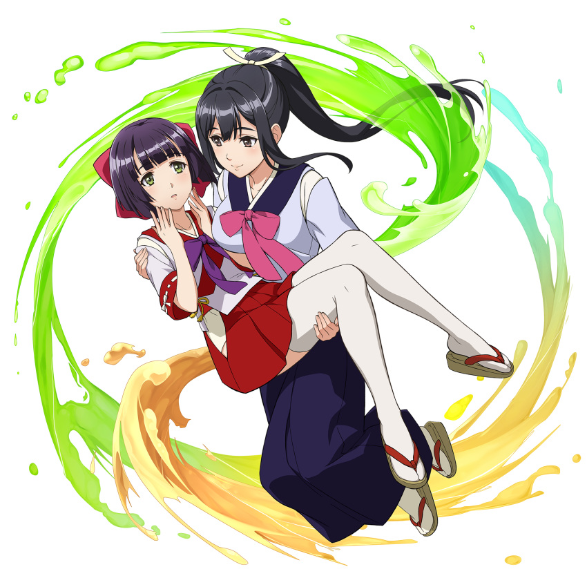 2girls bangs black_hair carrying carrying_under_arm floating_hair hakama_skirt high_ponytail highres japanese_clothes kandagawa_jet_girls long_hair long_skirt long_sleeves miko miniskirt misuda_inori multiple_girls naruko_hanaharu official_art princess_carry ribbon-trimmed_sleeves ribbon_trim sandals short_hair short_sleeves skirt tabi tamaki_fuuka thighhighs transparent_background white_legwear