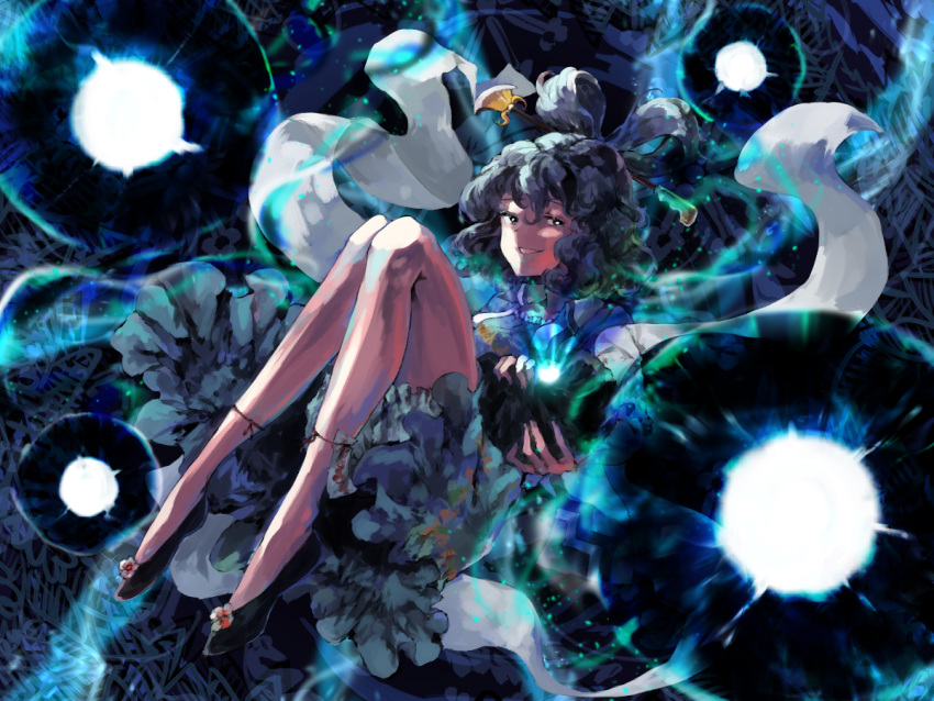 1girl bangs bare_legs black_footwear blue_dress blue_hair blue_theme chisel commentary curly_hair danmaku dress fetal_position flats frilled_dress frills full_body glowing grin hagoromo hair_between_eyes hair_ornament hair_rings hair_stick half-closed_eyes holding kaku_seiga light_particles looking_at_viewer ofuda orb puffy_short_sleeves puffy_sleeves shaded_face shawl shoe_flower short_hair short_sleeves smile solo spell_card sunyup touhou