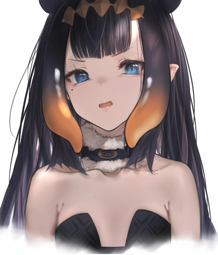 1girl animal_ears bangs betabeet black_choker black_dress black_hair blue_eyes blunt_bangs choker collarbone cropped_torso diamond_hairband disgust dress eyelashes fang flat_chest fur-lined_choker highres hippopotamus_ears hololive hololive_english lips long_hair looking_at_viewer mole mole_under_eye ninomae_ina'nis open_mouth pointy_ears sidelocks simple_background solo strapless strapless_dress tentacle_hair upper_body virtual_youtuber white_background