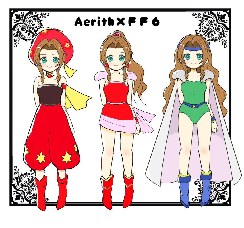 absurdres aerith_gainsborough bare_shoulders brown_hair cape celes_chere celes_chere_(cosplay) cosplay dress final_fantasy final_fantasy_vi final_fantasy_vii final_fantasy_vii_ever_crisis highres jewelry long_hair parted_bangs ponytail relm_arrowny relm_arrowny_(cosplay) sash song30133 strapless strapless_dress terra_branford terra_branford_(cosplay) tube_dress waist_sash