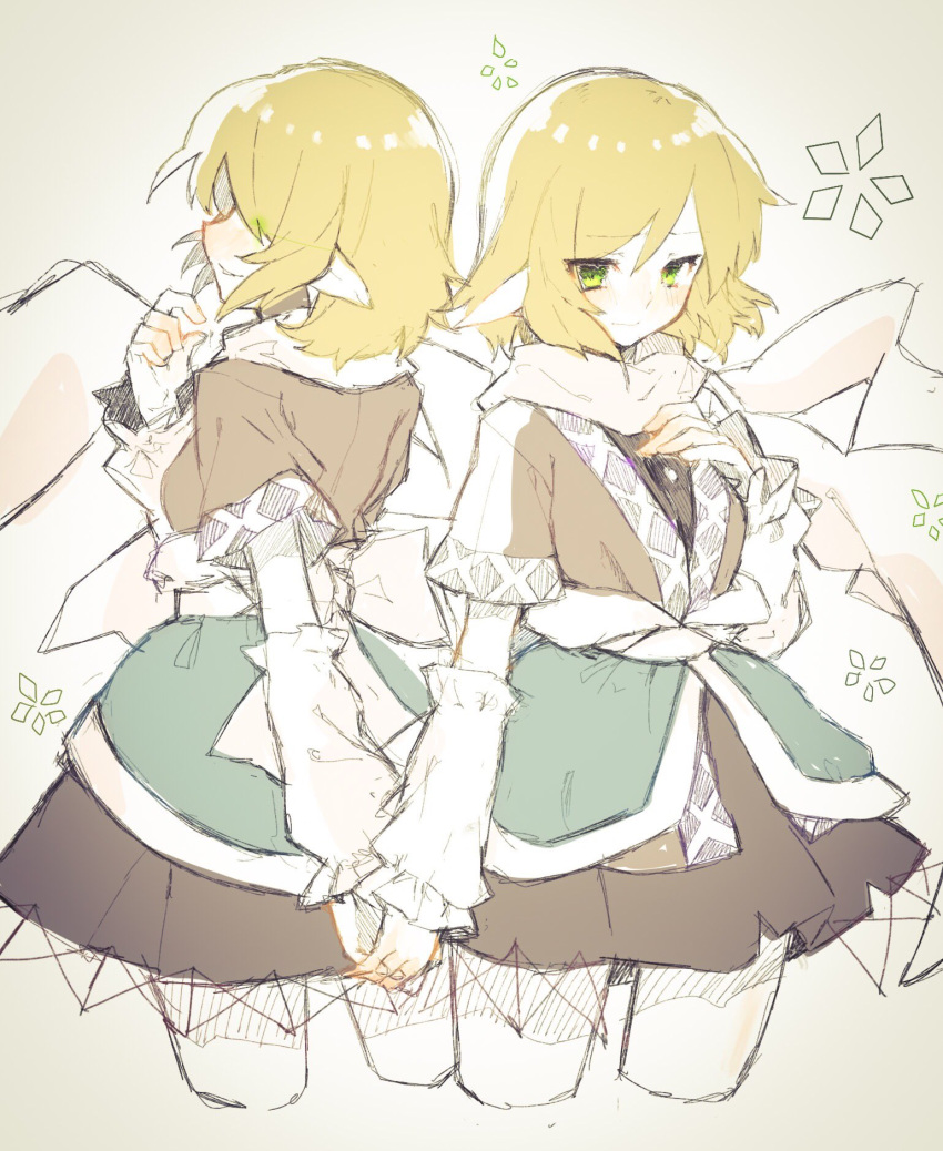2girls arm_warmers back-to-back black_shirt black_skirt blonde_hair blush brown_jacket clone commentary_request cropped_legs dual_persona green_eyes hand_on_own_chest highres holding interlocked_fingers jacket mizuhashi_parsee multiple_girls pointy_ears sakuratsuki scarf shirt short_hair short_sleeves skirt touhou white_scarf