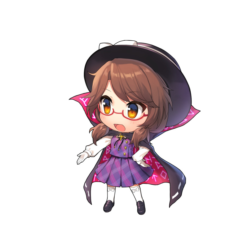 1girl bangs black_footwear black_headwear bolo_tie bow brown_hair cape capelet chibi cloak eyebrows_visible_through_hair fedora full_body hand_on_hip hat hat_bow highres long_sleeves low_twintails medium_hair open_mouth plaid plaid_skirt plaid_vest purple_skirt purple_vest red-framed_eyewear runes simple_background skirt solo touhou twintails usami_sumireko vest white_background white_bow white_legwear white_sleeves yada_(xxxadaman)