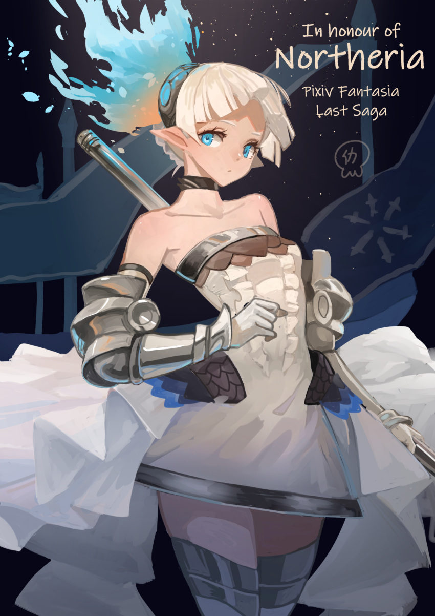 1girl bare_shoulders black_choker blonde_hair blue_eyes blue_fire braid choker closed_mouth collarbone copyright_name dress elbow_gloves english_text fire flag flame frills gloves highres holding holding_polearm holding_weapon pixiv_fantasia pixiv_fantasia_last_saga pointy_ears polearm short_hair signature solo vambraces virgosdf weapon white_dress white_gloves