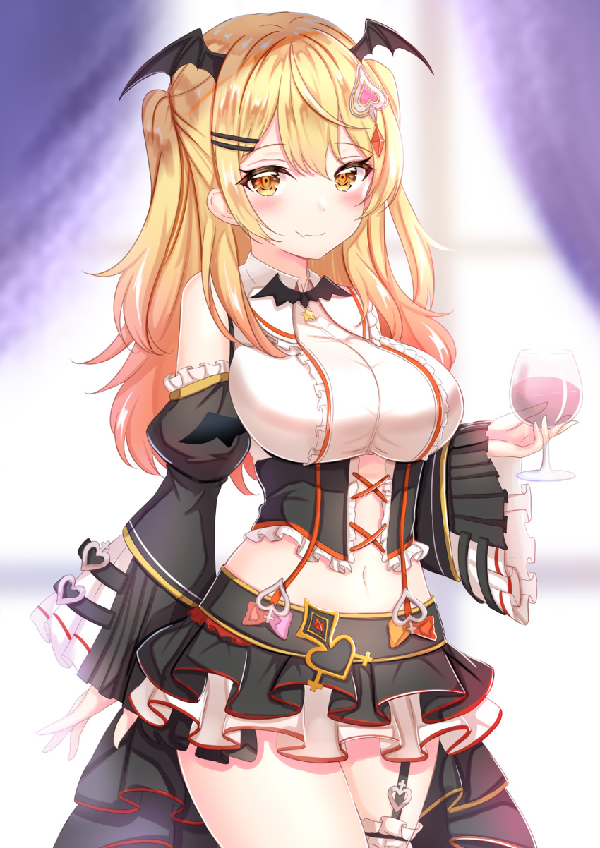 1girl bare_shoulders black_skirt blonde_hair breasts cowboy_shot crop_top cup detached_sleeves drinking_glass fang garter_straps hair_ornament hairclip head_wings highres holding holding_cup hololive juliet_sleeves large_breasts long_hair long_sleeves looking_at_viewer midriff miniskirt navel orange_eyes pleated_skirt puffy_sleeves shirt sidelocks skirt smile solo two_side_up underbust virtual_youtuber white_shirt wine_glass yozora_mel yuano