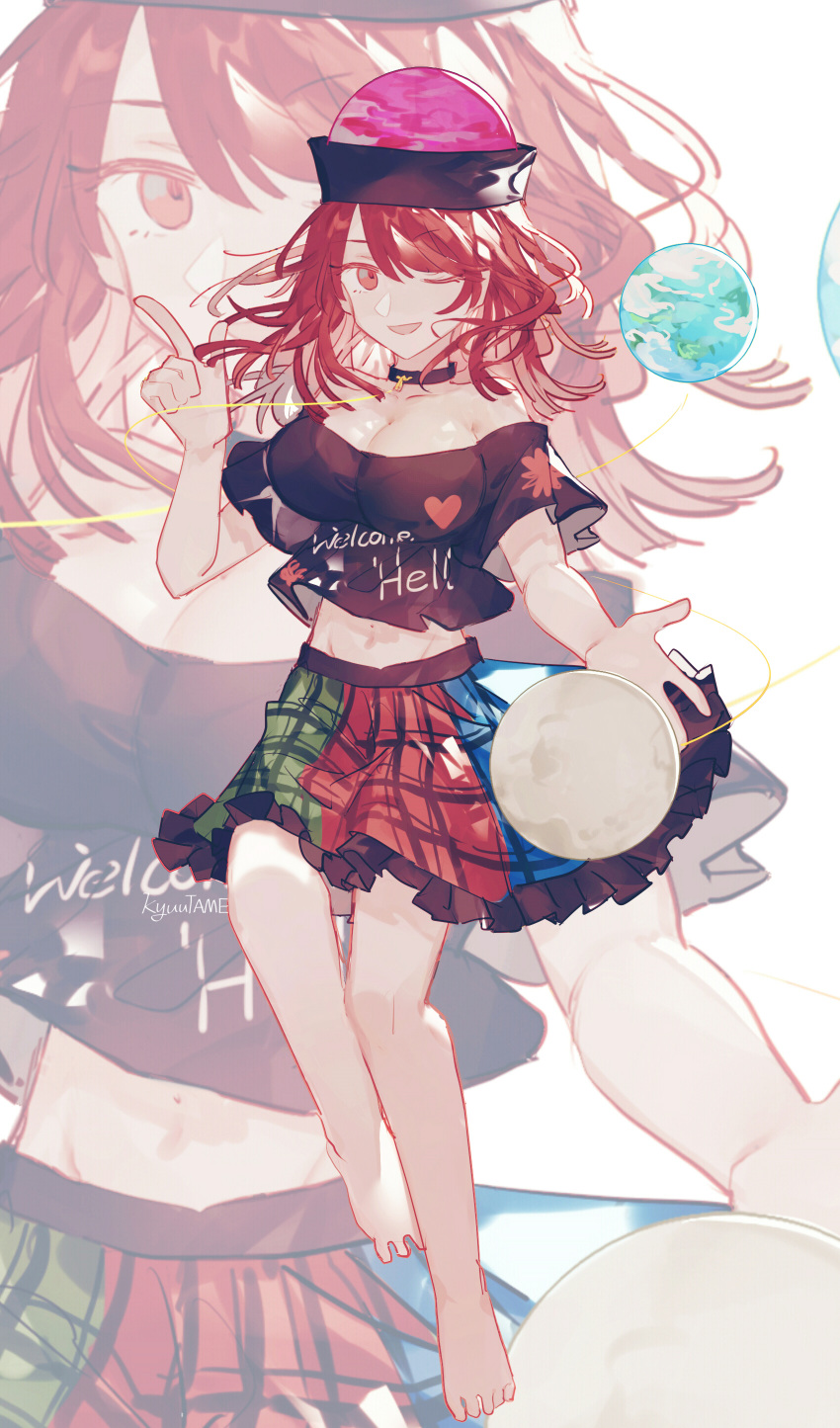 1girl absurdres artist_name bare_shoulders barefoot black_choker black_shirt border breasts choker cleavage collarbone earth_(ornament) heart hecatia_lapislazuli highres kyuutame large_breasts midriff moon_(ornament) off-shoulder_shirt off_shoulder plaid plaid_skirt pointing pointing_up polos_crown red_eyes red_hair shirt skirt solo touhou white_border zoom_layer