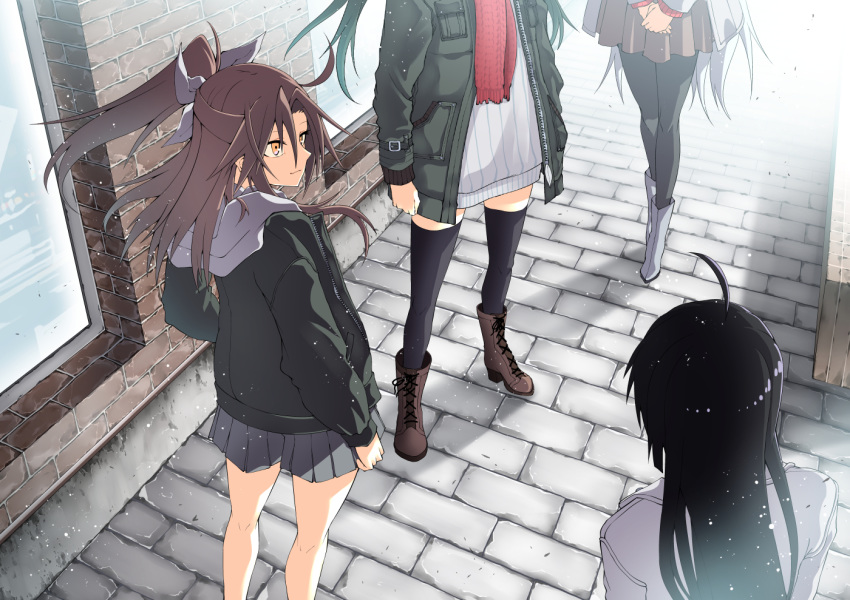 4girls akaneharu_ohkami black_hair black_legwear boots brown_eyes brown_footwear brown_hair brown_skirt dark_green_hair green_jacket hood hoodie jacket kantai_collection long_hair miniskirt multiple_girls official_alternate_costume outdoors pantyhose pleated_skirt ponytail shouhou_(kantai_collection) shoukaku_(kantai_collection) skirt sweater thighhighs twintails white_hair white_hoodie white_sweater zuihou_(kantai_collection) zuikaku_(kantai_collection)