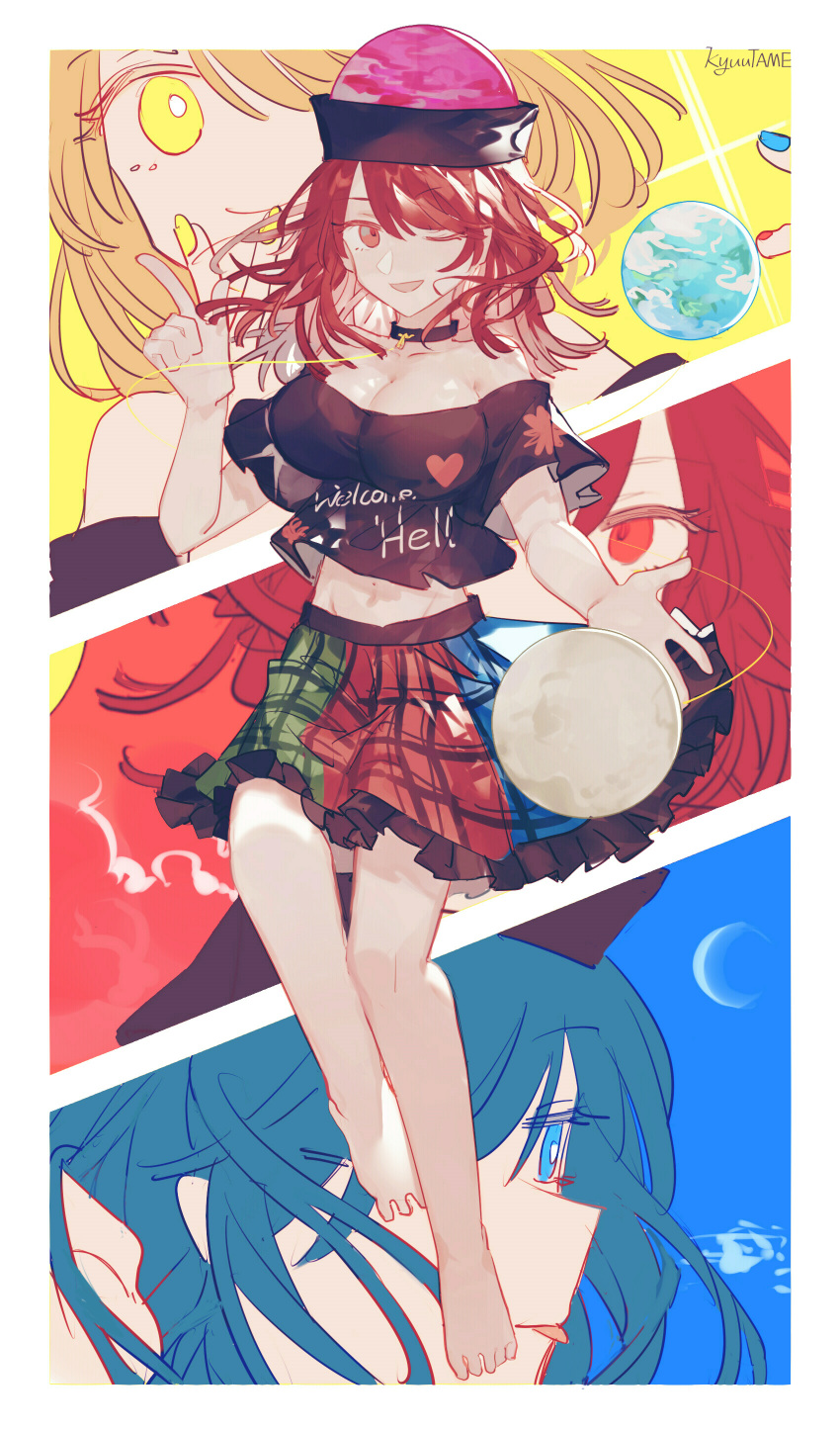 3girls absurdres artist_name bare_shoulders barefoot black_choker black_shirt blonde_hair blue_eyes blue_hair border breasts choker cleavage collarbone earth_(ornament) heart hecatia_lapislazuli hecatia_lapislazuli_(earth) hecatia_lapislazuli_(moon) highres kyuutame large_breasts midriff moon_(ornament) multiple_girls multiple_persona off-shoulder_shirt off_shoulder plaid plaid_skirt pointing pointing_up polos_crown red_eyes red_hair shirt skirt touhou white_border yellow_eyes