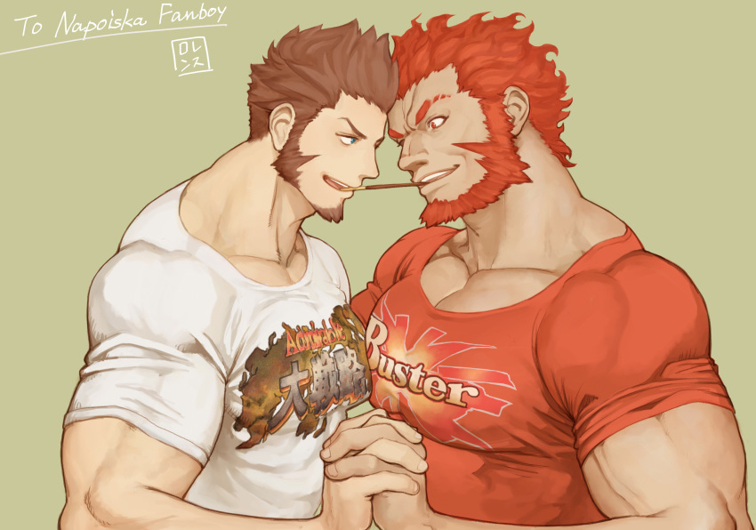 2boys alternate_costume bara beard biceps blue_eyes bobfosse brown_hair buster_shirt collarbone commission cosplay couple dark_skin dark_skinned_male eye_contact facial_hair fate/grand_order fate/zero fate_(series) food forehead-to-forehead goatee hands_together highres holding_hands imminent_kiss incoming_pocky_kiss interlocked_fingers iskandar_(fate) iskandar_(fate)_(cosplay) looking_at_another male_focus multiple_boys muscle napoleon_bonaparte_(fate/grand_order) pectoral_docking pectoral_press pectorals pocky pocky_day pocky_kiss red_eyes red_hair red_shirt second-party_source shared_food shirt short_hair short_sleeves sideburns simple_background skeb_commission upper_body veins white_shirt yaoi