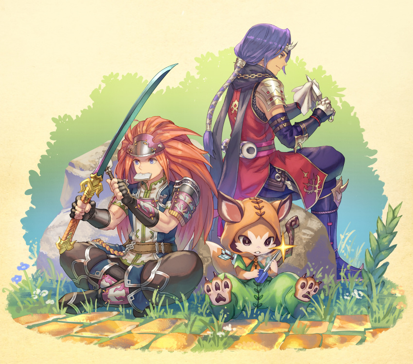 2boys absurdres anbe_yoshirou animal armor arrow_(projectile) belt black_footwear black_gloves black_pants blue_eyes boots boulder bow_(weapon) brown_eyes chain chainmail chobin_hood cleaning_weapon closed_mouth clothed_animal clothing_request commentary_request duran_(seiken_densetsu_3) fingerless_gloves flower gauntlets glint gloves grass handkerchief hawkeye_(seiken_densetsu_3) highres holding holding_bow_(weapon) holding_handkerchief holding_sword holding_weapon hood hood_up indian_style kunai long_hair looking_down male_focus mouth_hold multiple_boys pants paws purple_hair purple_pants quiver red_hair seiken_densetsu seiken_densetsu_3 short_sleeves shoulder_armor sitting smile sword tail teeth weapon