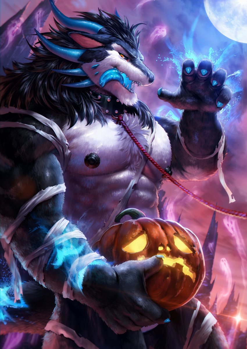 2020 5_fingers anthro bandage barazoku black_body black_fur black_hair blue_claws blue_horn chest_tuft claws collar collar_only convenient_censorship dark detailed detailed_background digital_media_(artwork) dragon fingers food fruit fur furred_dragon ghost grin hair halloween hi_res holding_object holidays horn jack-o'-lantern leash light looking_at_viewer male moon moonlight mountain multicolored_body multicolored_fur muscular muscular_anthro muscular_male night nipples nude nviek5 orange_eyes plant pumpkin rope smile solo spade_tongue spirit standing studded_collar teeth tongue tongue_out tuft two_tone_body two_tone_fur white_body white_fur