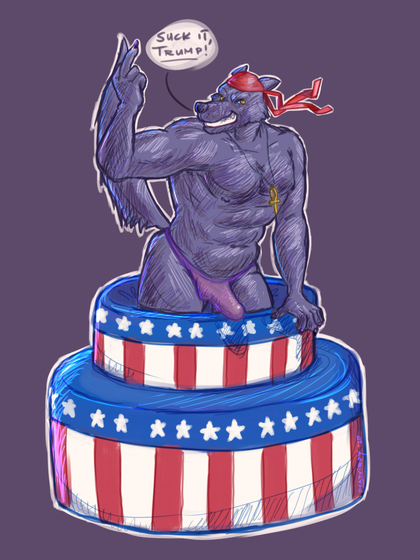 3:4 alexyorim ankh anthro bandanna bulge cake canid canine canis dessert english_text food gesture grin hi_res jewelry kerchief lupine_assassin male mammal middle_finger muscular muscular_anthro muscular_male necklace politics purple_thong raised_tail smile solo stars_and_stripes text thong_underwear united_states_of_america wolf