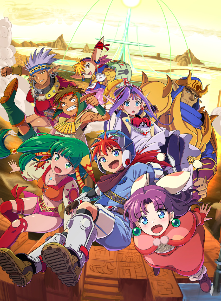 4boys 4girls absurdres backpack bag boots brown_hair collar dress earrings feena_(grandia) gadwin_(grandia) goggles goggles_on_head grandia grandia_i green_hair guido_(grandia) hat helmet highres jewelry justin_(grandia) kayama_kenji liete_(grandia) metal_collar midriff milda_(grandia) multiple_boys multiple_girls pointy_ears purple_hair rapp_(grandia) red_hair smile sue_(grandia) yellow_sky