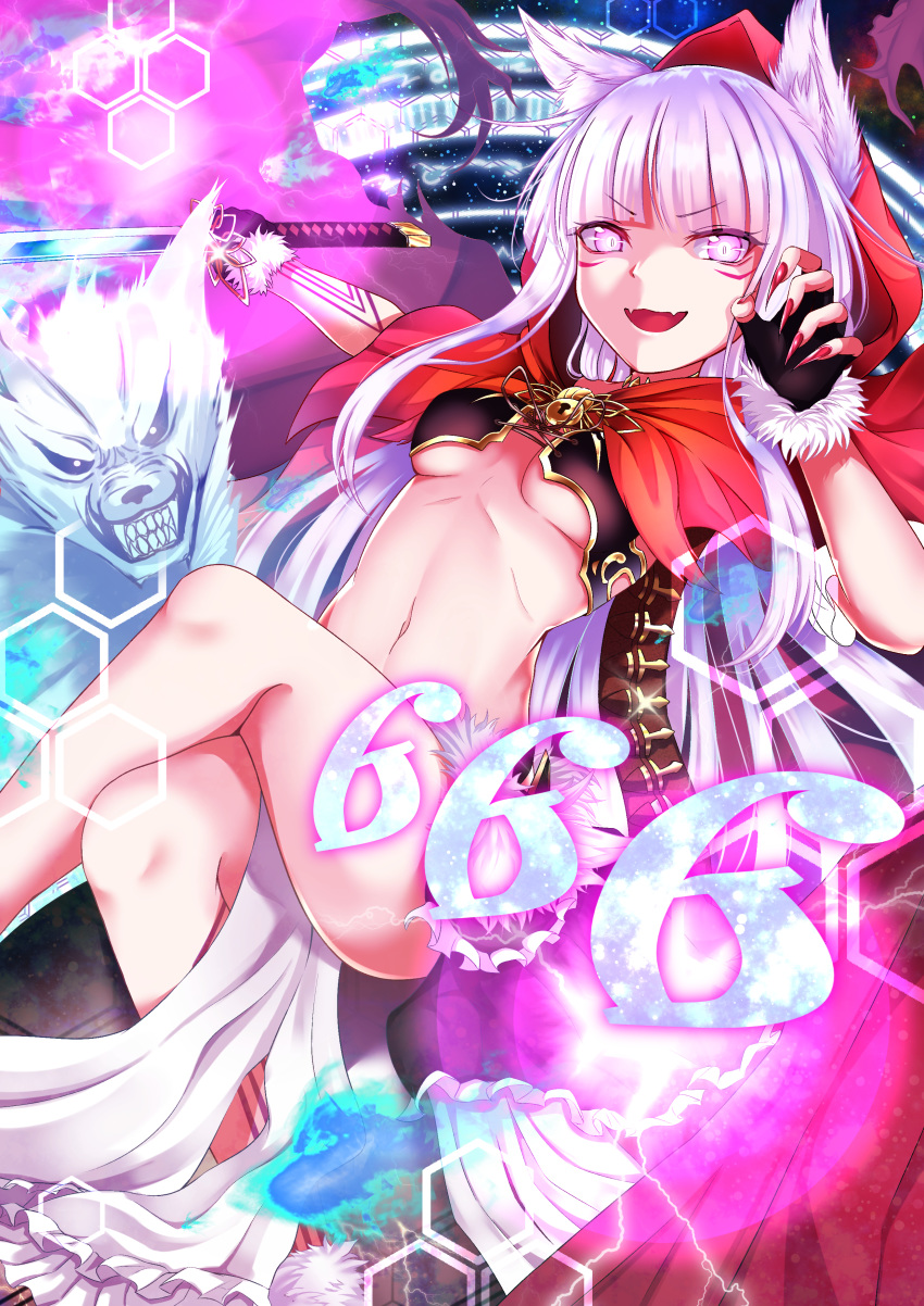 1girl 666 absurdres animal_ears breasts cape capelet claw_pose crossed_legs fangs fingerless_gloves fingernails fur_trim gloves glowing glowing_eyes hexagon highres holding holding_sword holding_weapon hood hood_up kureha_(666)_(sound_voltex) kureha_(sound_voltex) long_fingernails long_hair looking_at_viewer midriff navel open_mouth pelvic_curtain rairaisuruyo red_capelet red_hood solo sound_voltex sword tagme underboob weapon white_hair wolf wolf_ears