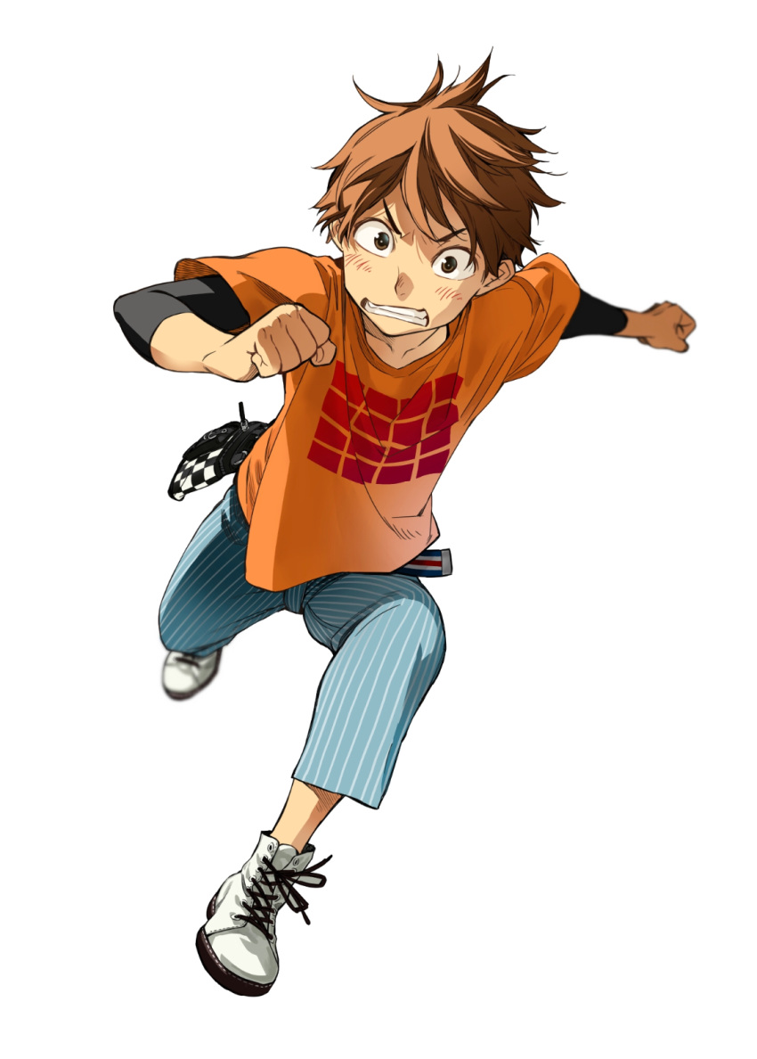 1boy clenched_teeth cross-laced_footwear full_body highres kanojo_okarishimasu kinoshita_kazuya looking_at_viewer male_focus messy_hair miyajima_reiji orange_shirt running shirt shoes short_hair shorts simple_background solo striped striped_shorts teeth white_background white_footwear