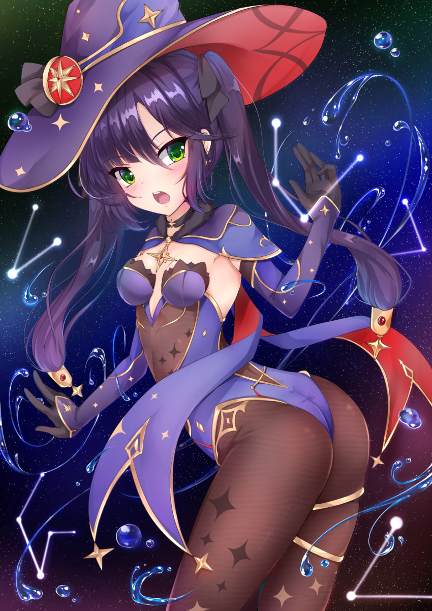 1girl blush breasts cape choker fur_trim genshin_impact gloves green_eyes hair_ribbon half-closed_eyes hat highleg highleg_leotard highres kakukaku_(atelier_wings) leotard mona_(genshin_impact) open_mouth purple_hair reasts ribbon small_breasts smile solo twintails water witch_hat