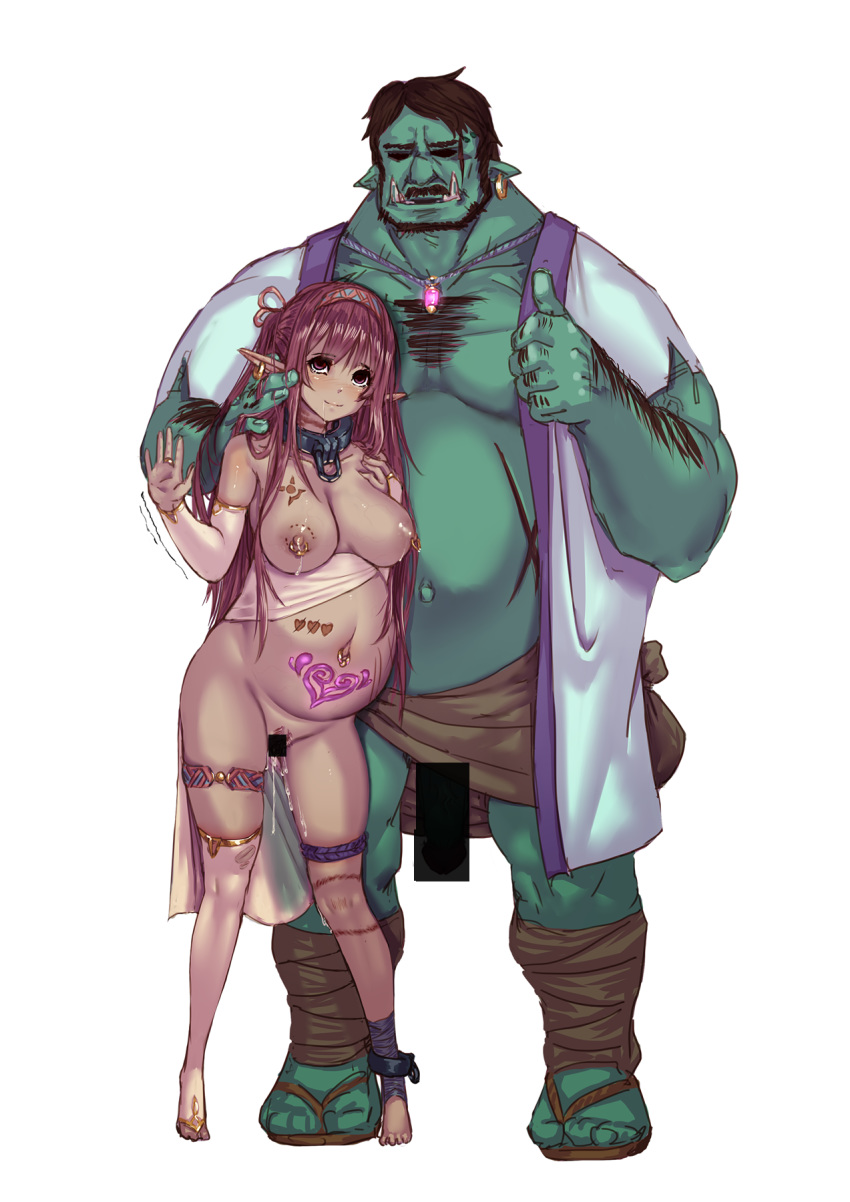 accessory arm_hair armwear bangs big_breasts bite_mark blush bodily_fluids body_hair breasts breeding_slave censored chest_hair clothed clothing collar duo ear_piercing ear_ring elbow_gloves elf female footwear genital_fluids genitals gesture gloves green_body green_skin hair handwear headband hi_res humanoid humanoid_pointy_ears lactating larger_male legwear long_hair male mostly_nude navel navel_piercing nipple_piercing nipple_ring nipples not_furry orc partially_clothed penis piercing pregnant pubes purple_eyes purple_hair pussy_juice saliva sandals scar short_hair simple_background size_difference slave slave_collar smaller_female tattoo tears thigh_highs thumbs_up tusks wave white_background womb_tattoo yakou