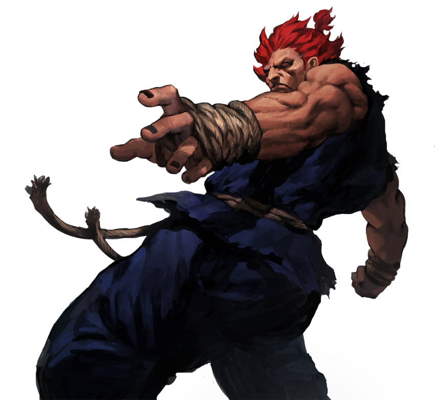 1boy bare_shoulders belt black_nails clenched_hand closed_mouth dark_skin dark_skinned_male diaodiao fingernails gouki highres looking_at_viewer male_focus muscle ponytail red_eyes red_hair rope rope_belt simple_background solo street_fighter torn torn_clothes white_background