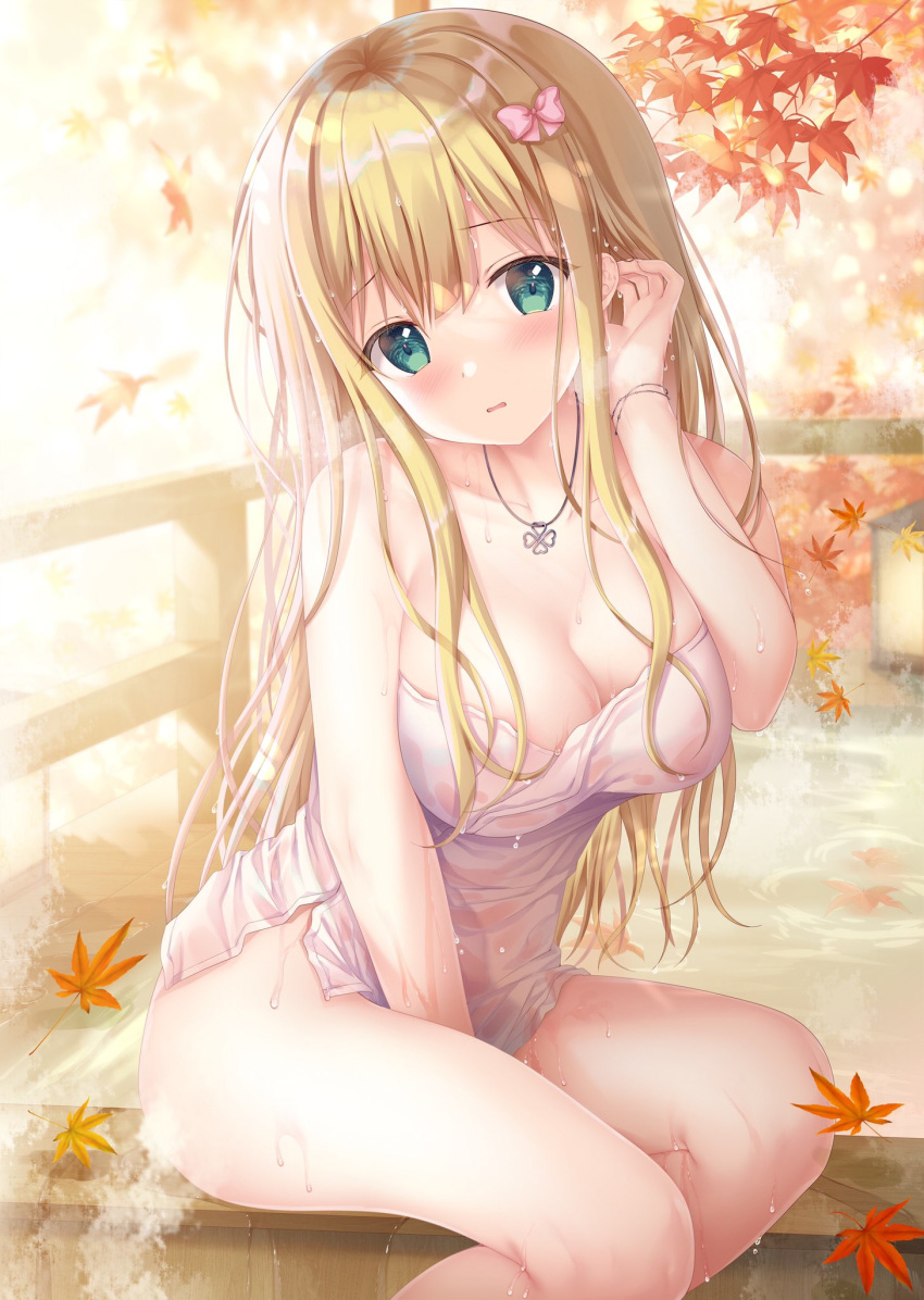 1girl bangs blonde_hair blush bottomless bow breasts cleavage collarbone eyebrows_visible_through_hair green_eyes hair_bow hanahanamaki hand_up highres jewelry large_breasts leaf long_hair looking_at_viewer necklace onsen open_mouth pink_bow pink_ribbon ribbon shirt solo sousouman twinbox_school wet wet_clothes wet_hair wet_shirt