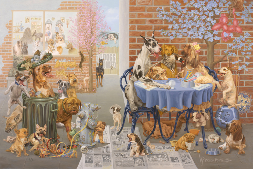 3:2 balloon bowl canid canine canis chair domestic_dog english_text feral food_bowl furniture group mammal newspaper oil_painting_(artwork) painting_(artwork) table text theartyst traditional_media_(artwork) trash_can tree